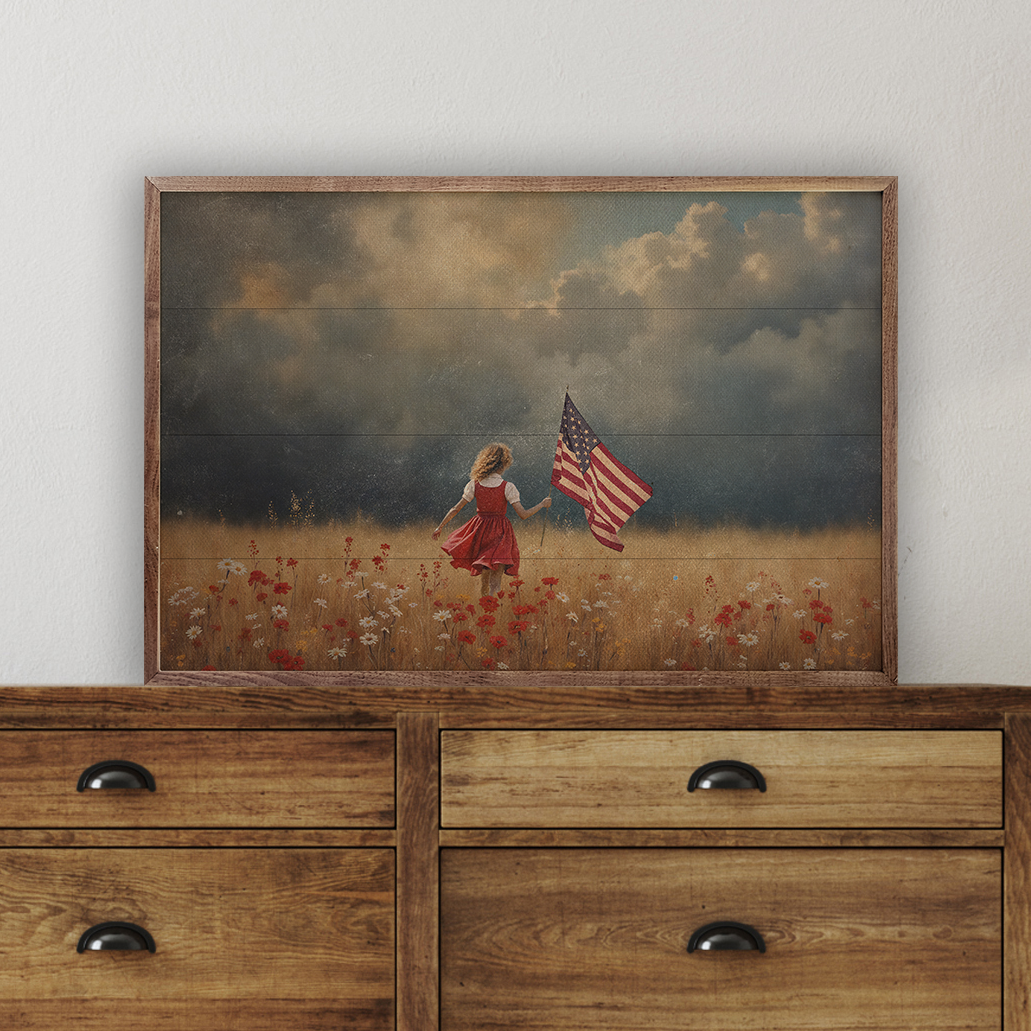 Girl Carrying Flag Wood Framed Print