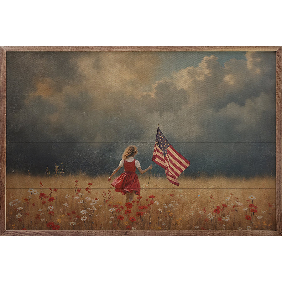Girl Carrying Flag Wood Framed Print