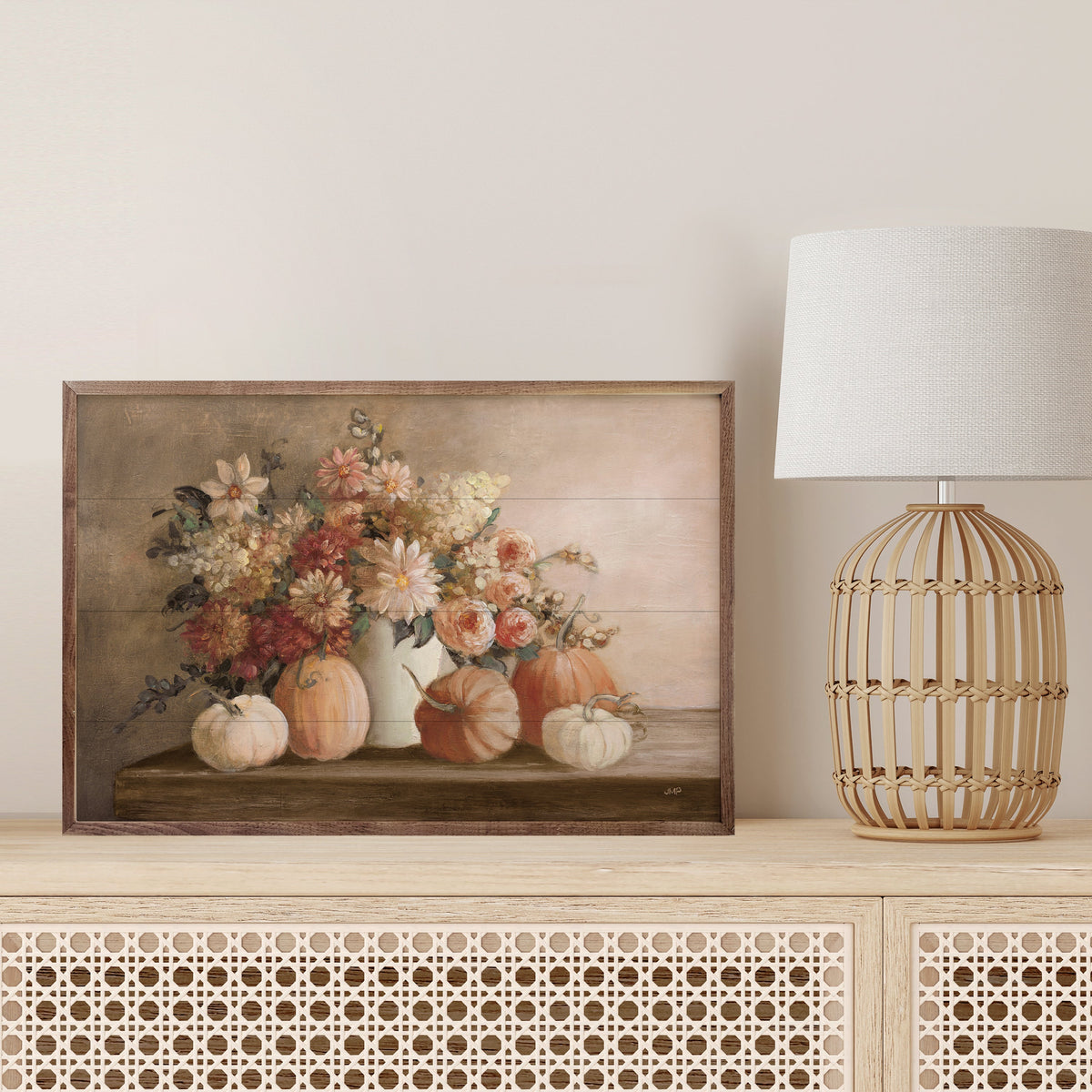 Harvest Bouquet Pomegranate Wood Framed Print
