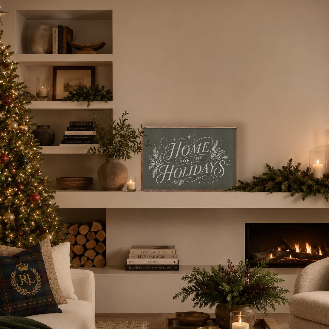 Home For The Holidays Typography Wood Framed Print