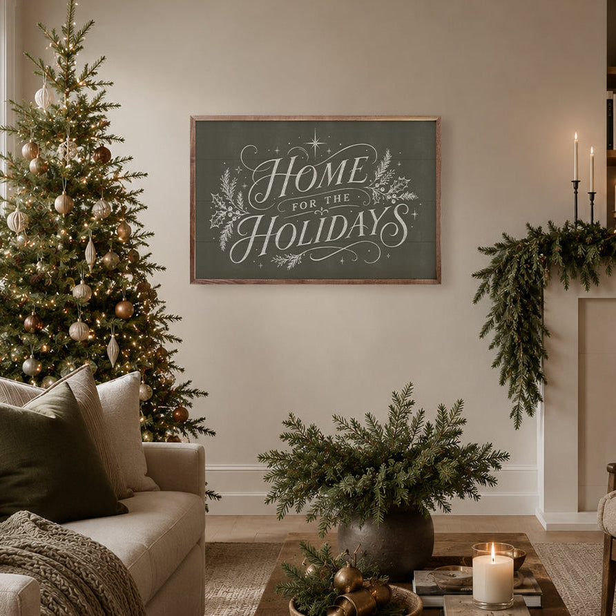 Home For The Holidays Typography Wood Framed Print