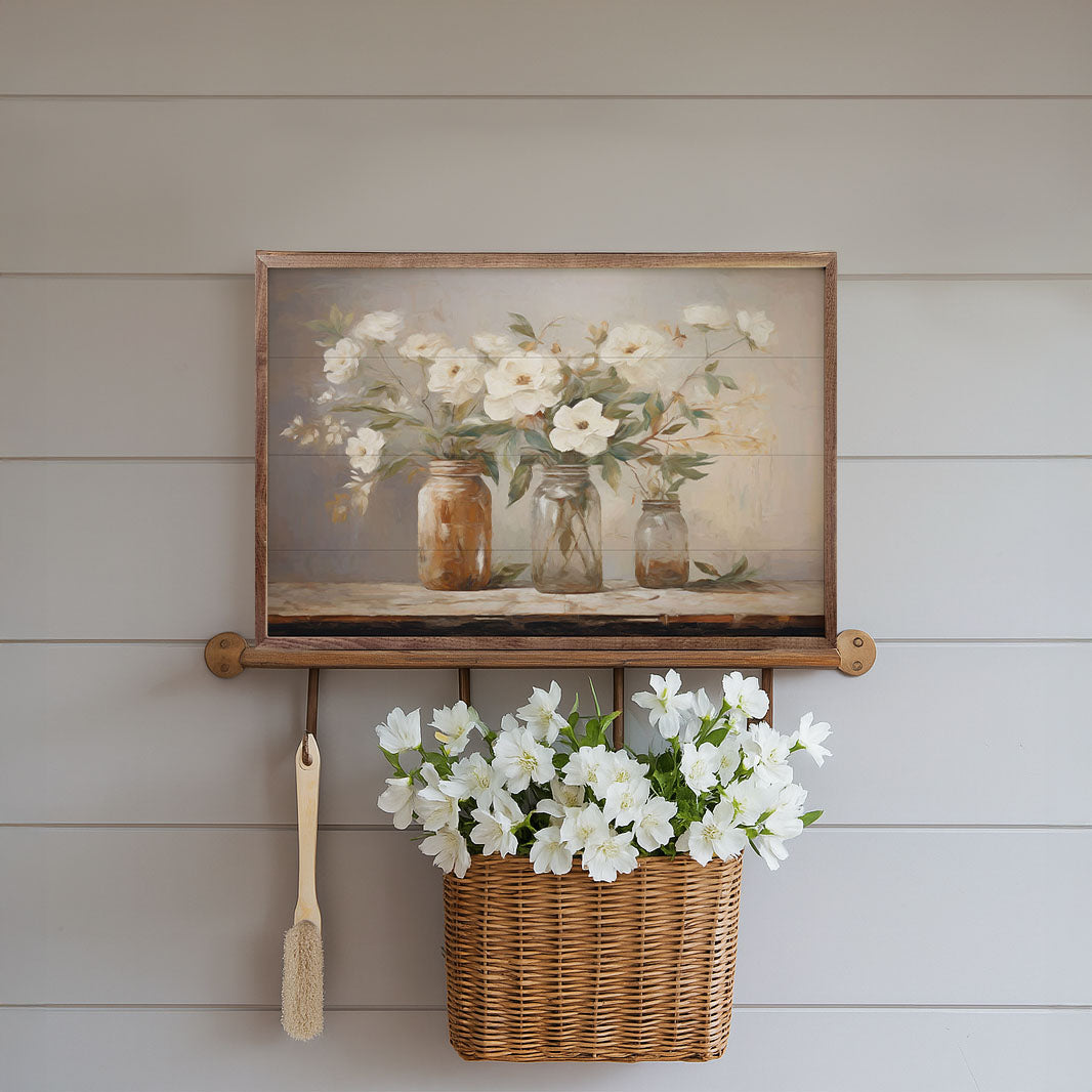 Mason Jar Bouquet Wood Framed Print