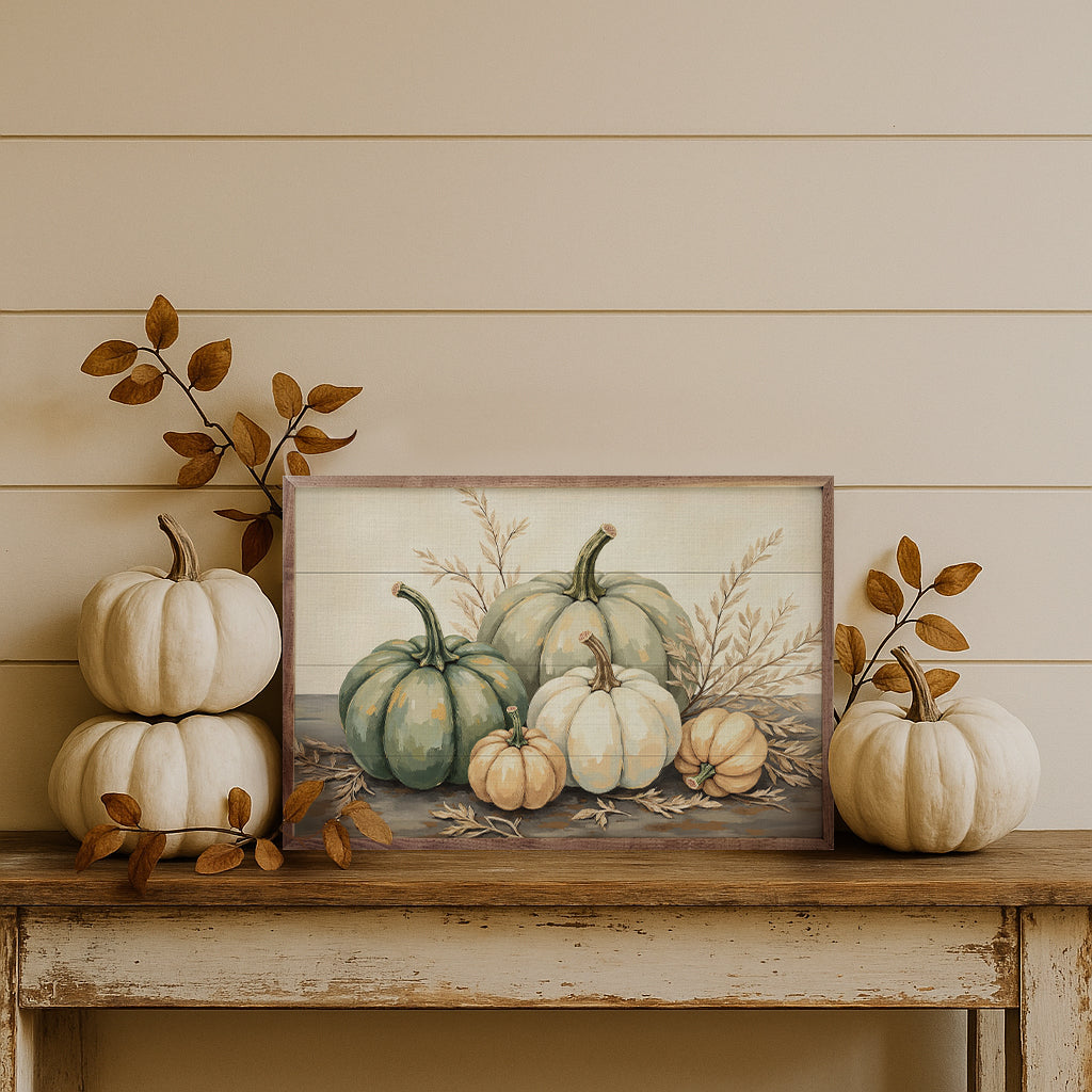Pumpkins With Dried Leaves Wood Framed Print