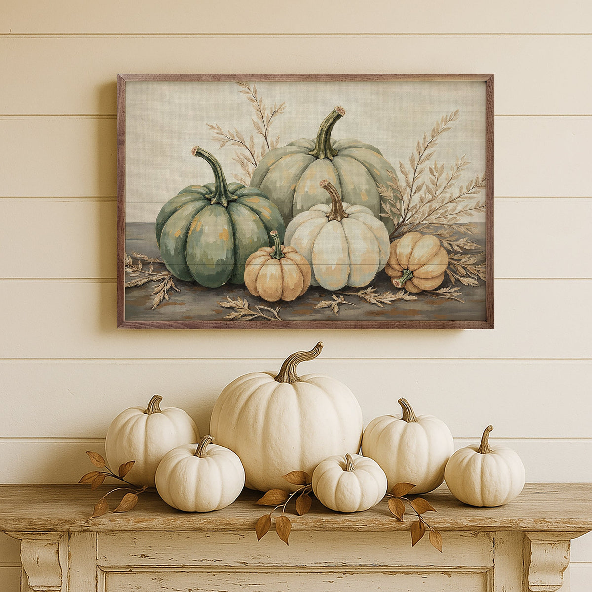 Pumpkins With Dried Leaves Wood Framed Print
