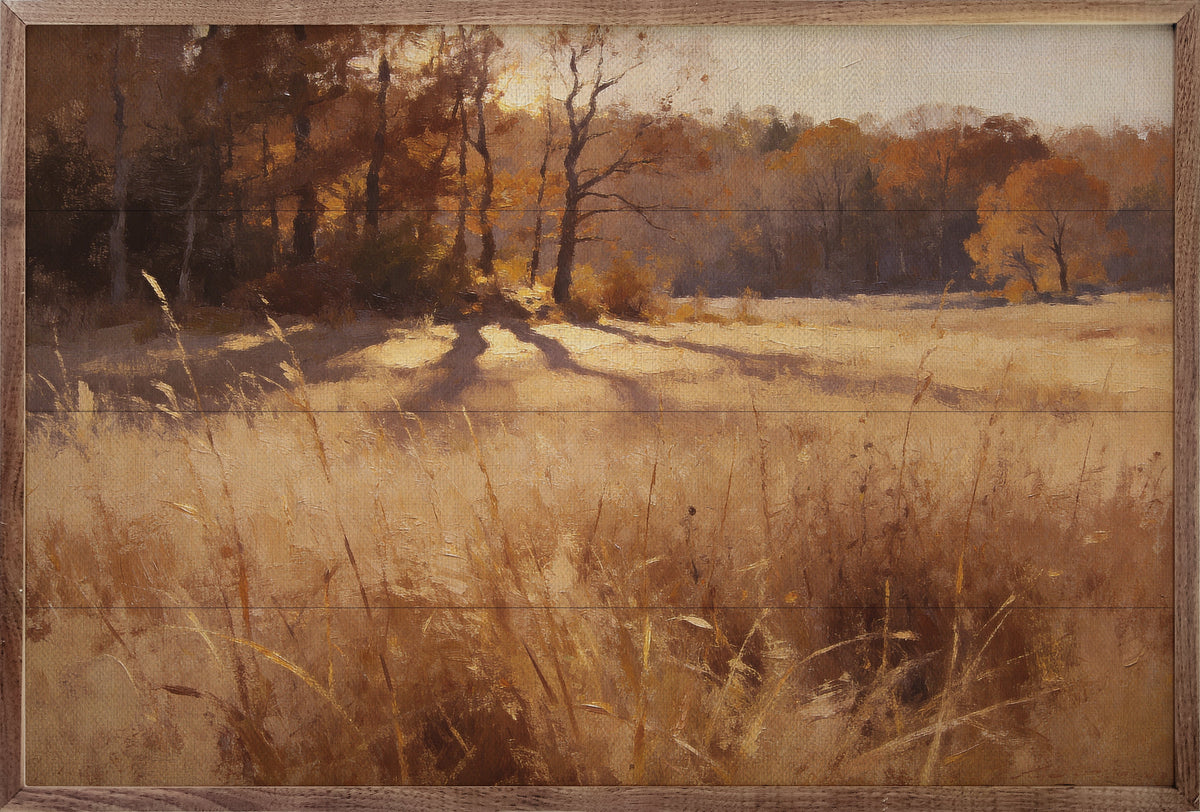 Sunlit Autumn Meadow Wood Framed Print