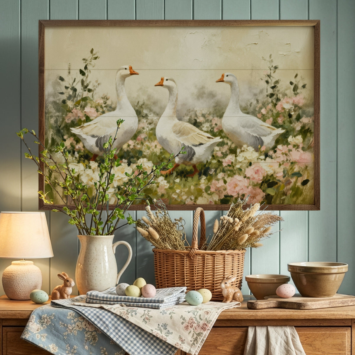 White Geese In Flowers Wood Framed Print