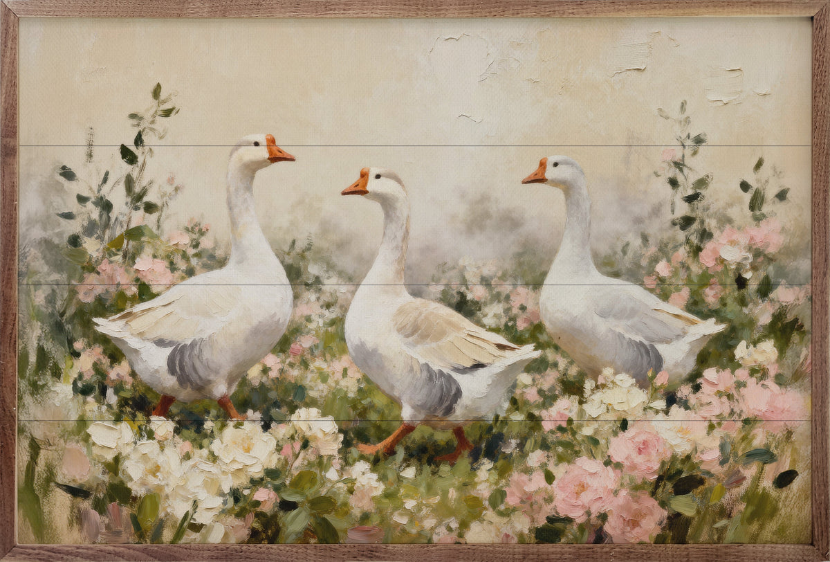 White Geese In Flowers Wood Framed Print
