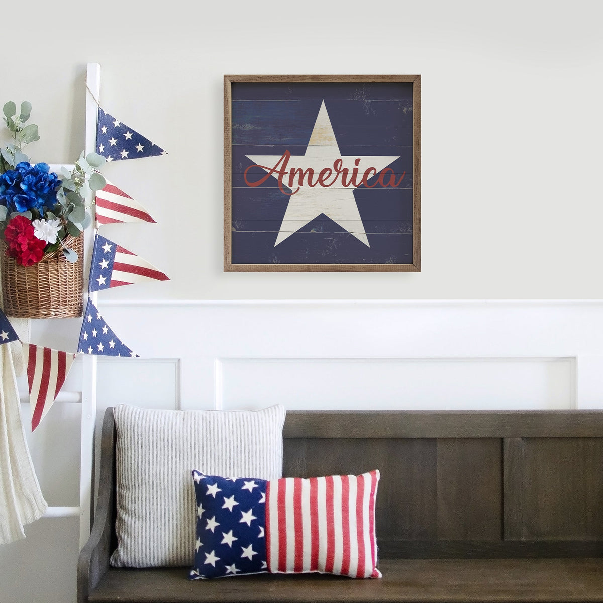 America Star Blue Wood Framed Print