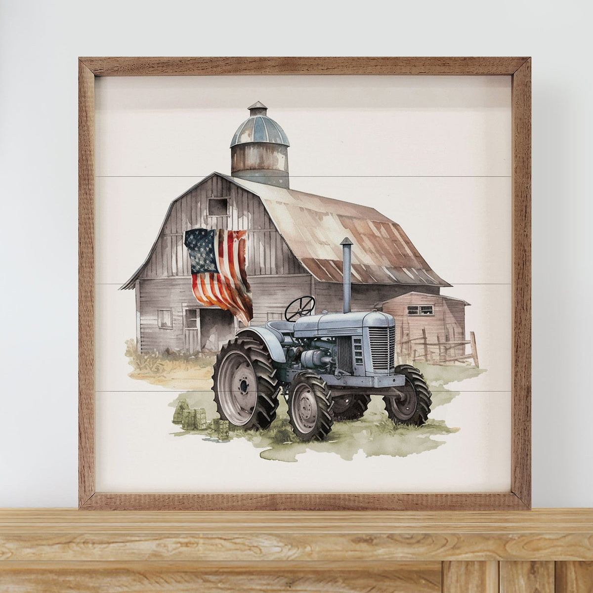American Flag Barn Tractor Wood Framed Print