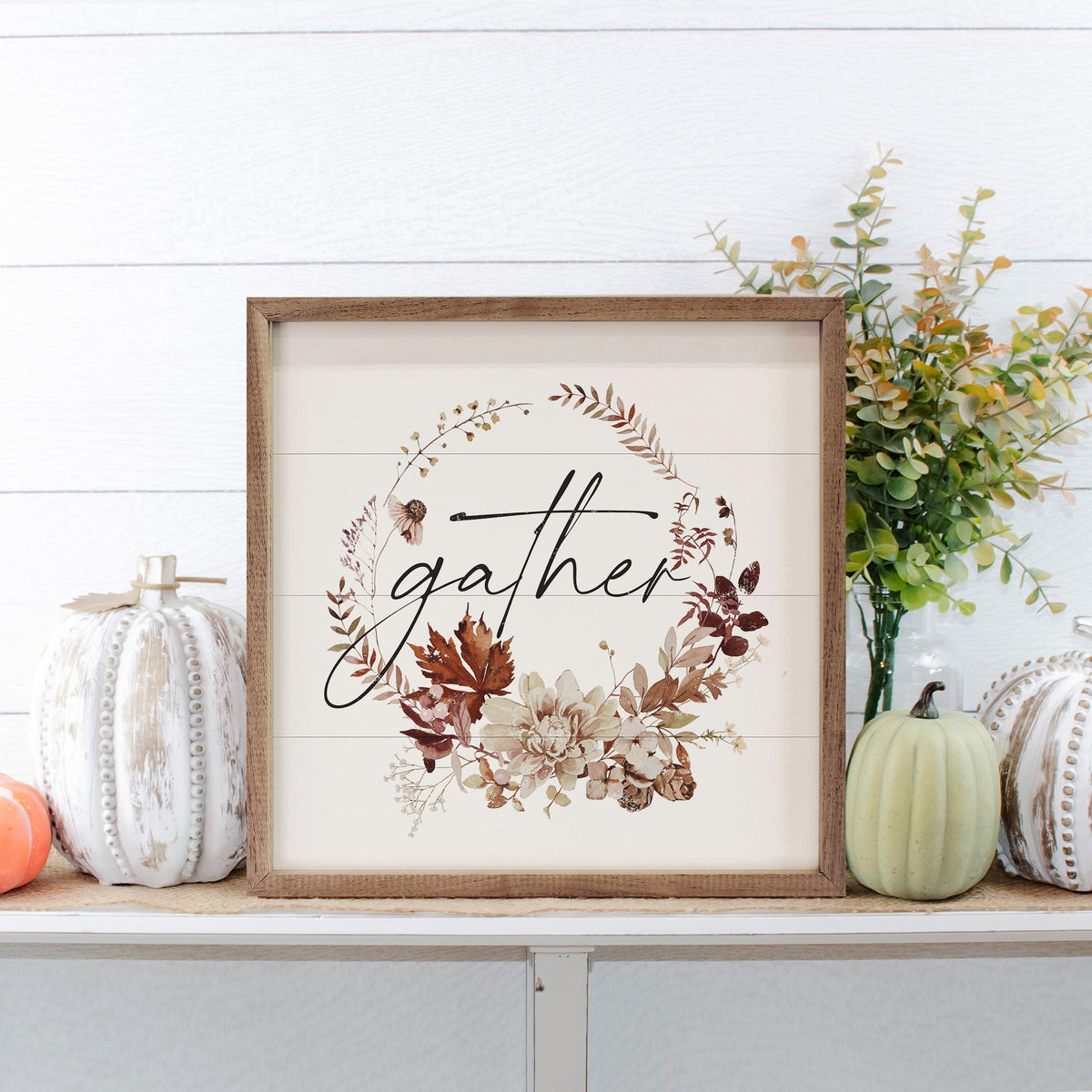 Autumn Gather Wreath Wood Framed Print