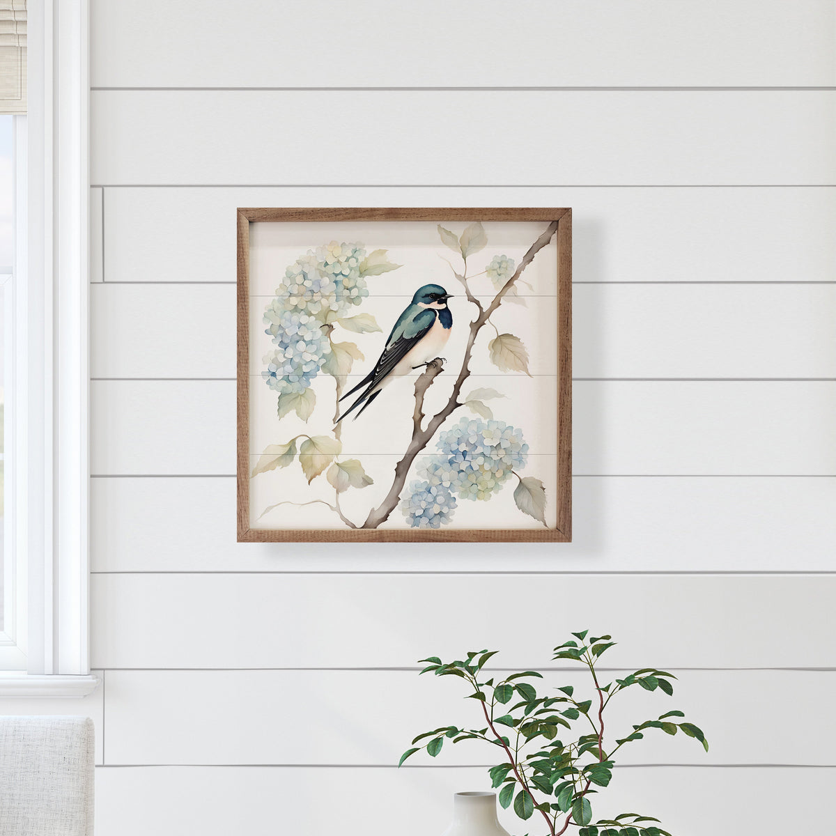 Barn Swallow On Hydrangea Bush Wood Framed Print