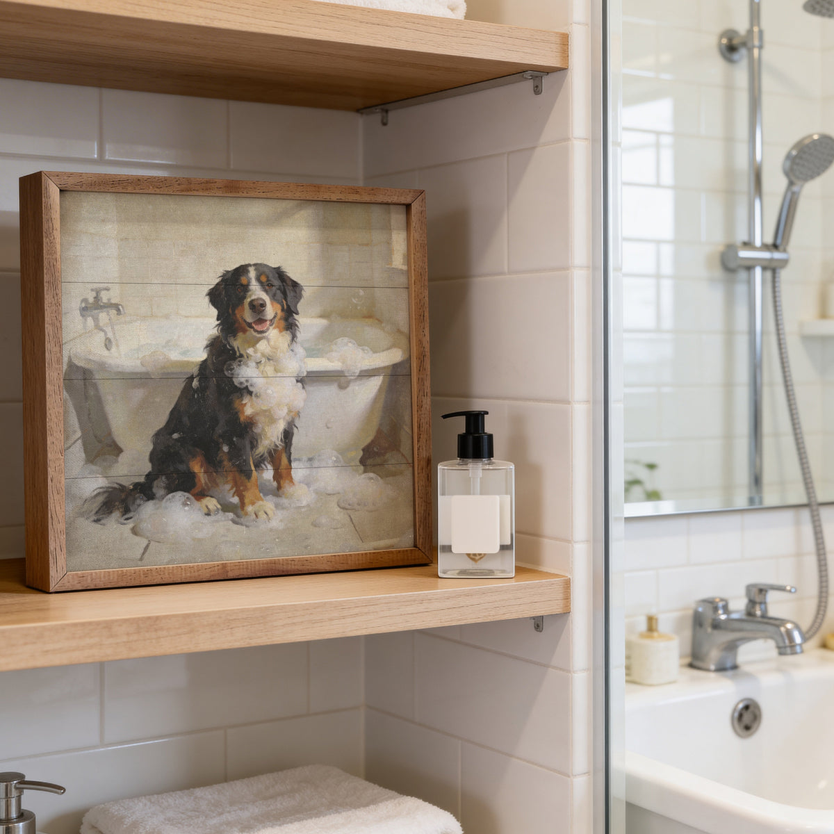 Bath Time Bernese Mountain Dog Wood Framed Print