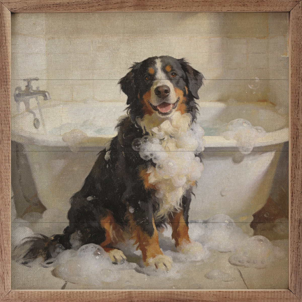 Bath Time Bernese Mountain Dog Wood Framed Print