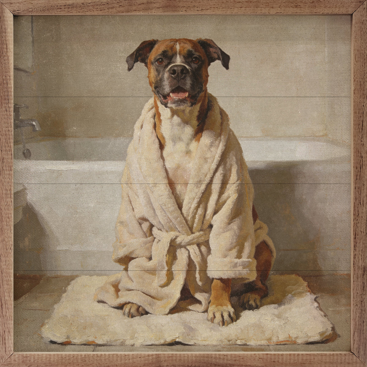 Bath Time Boxer Robe Wood Framed Print