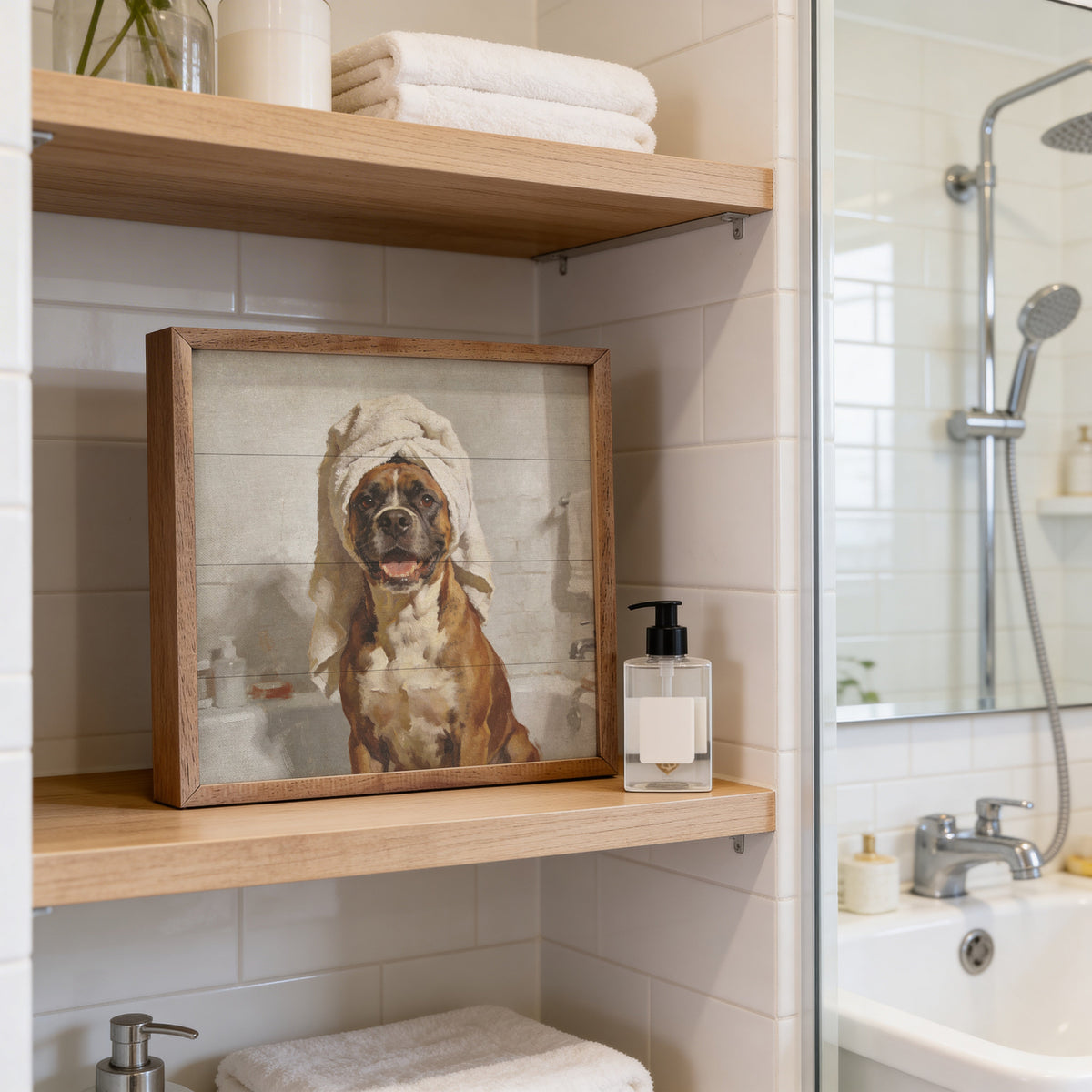 Bath Time Boxer Towel Wood Framed Print