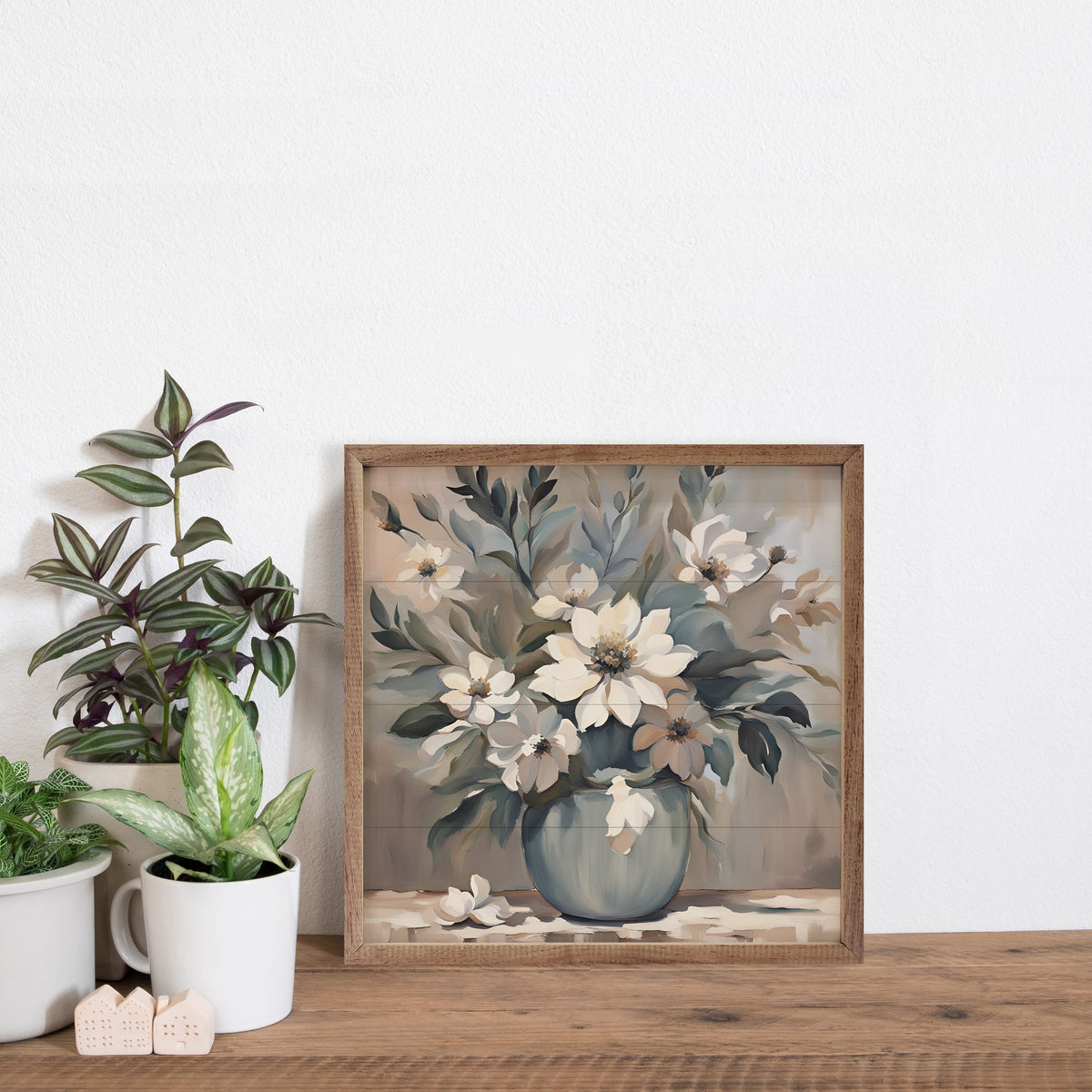Blue And Tan Florals In Vase Wood Framed Print