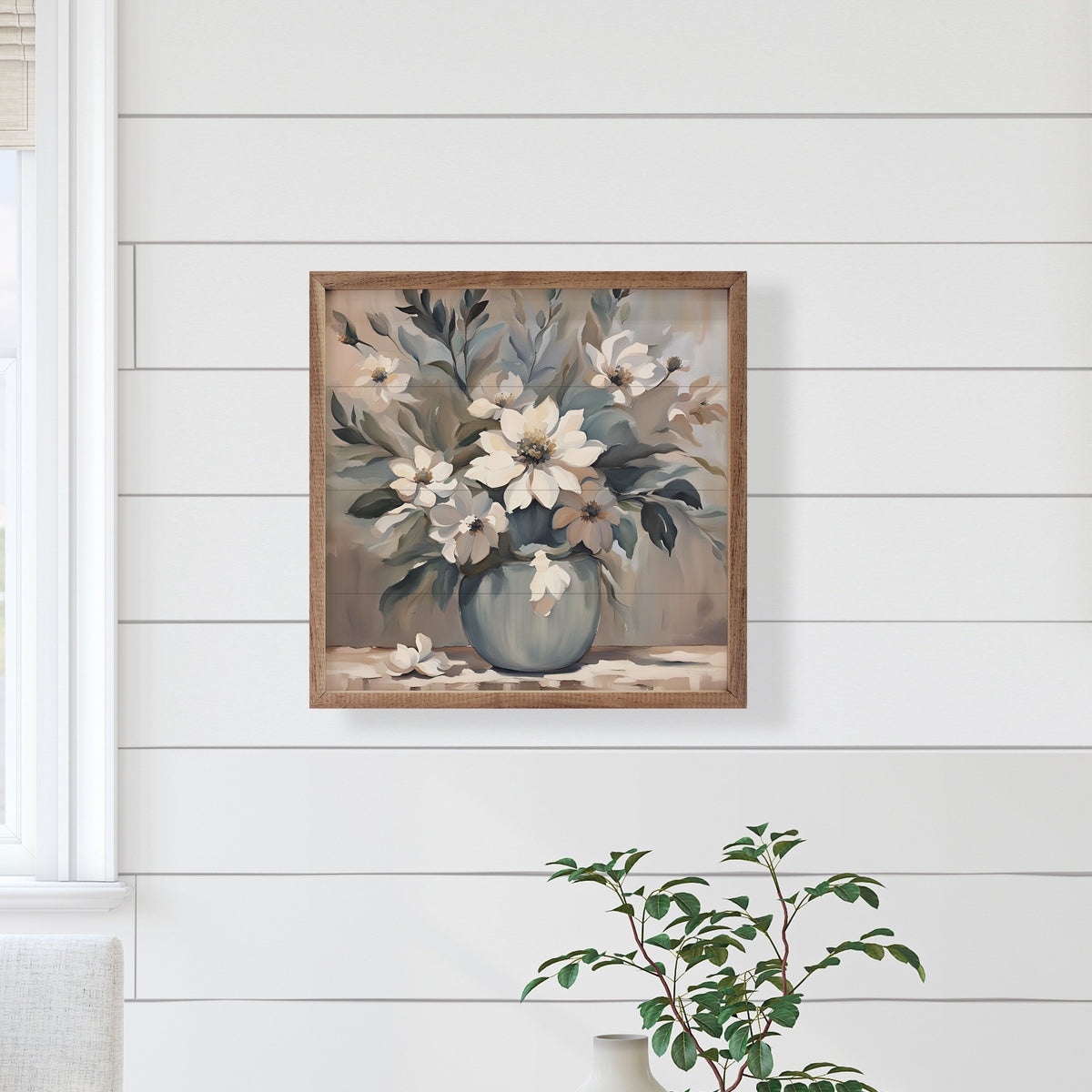 Blue And Tan Florals In Vase Wood Framed Print