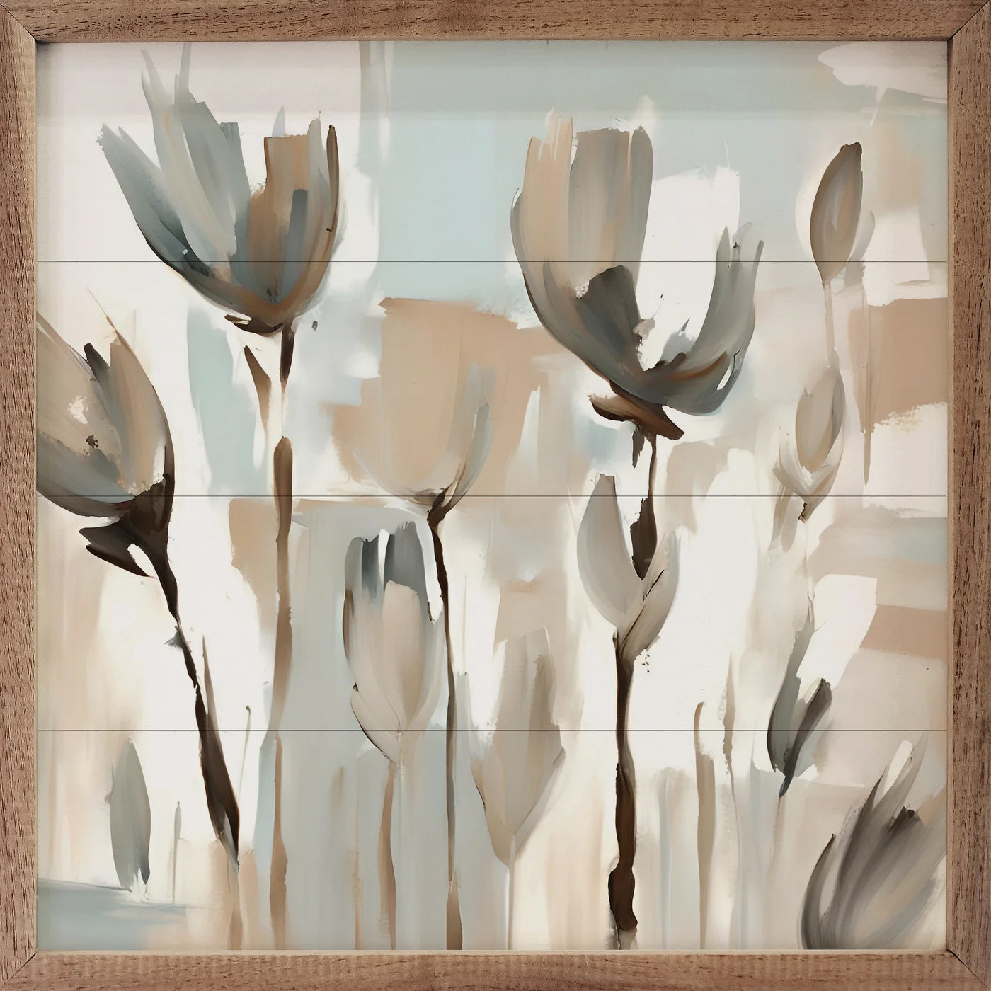 Blue And Tan Tulips Wood Framed Print