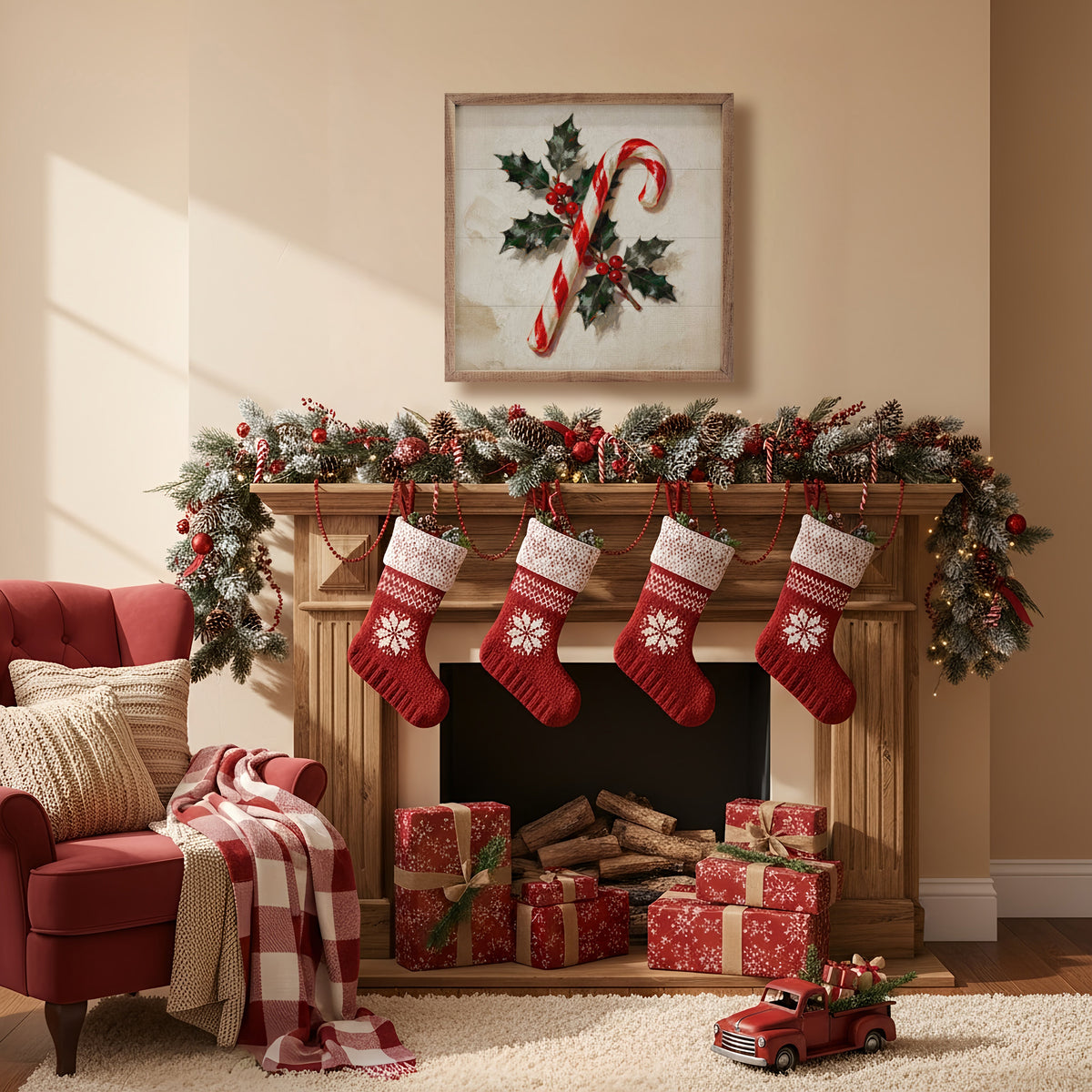 Candy Cane With Holly Wood Framed Print