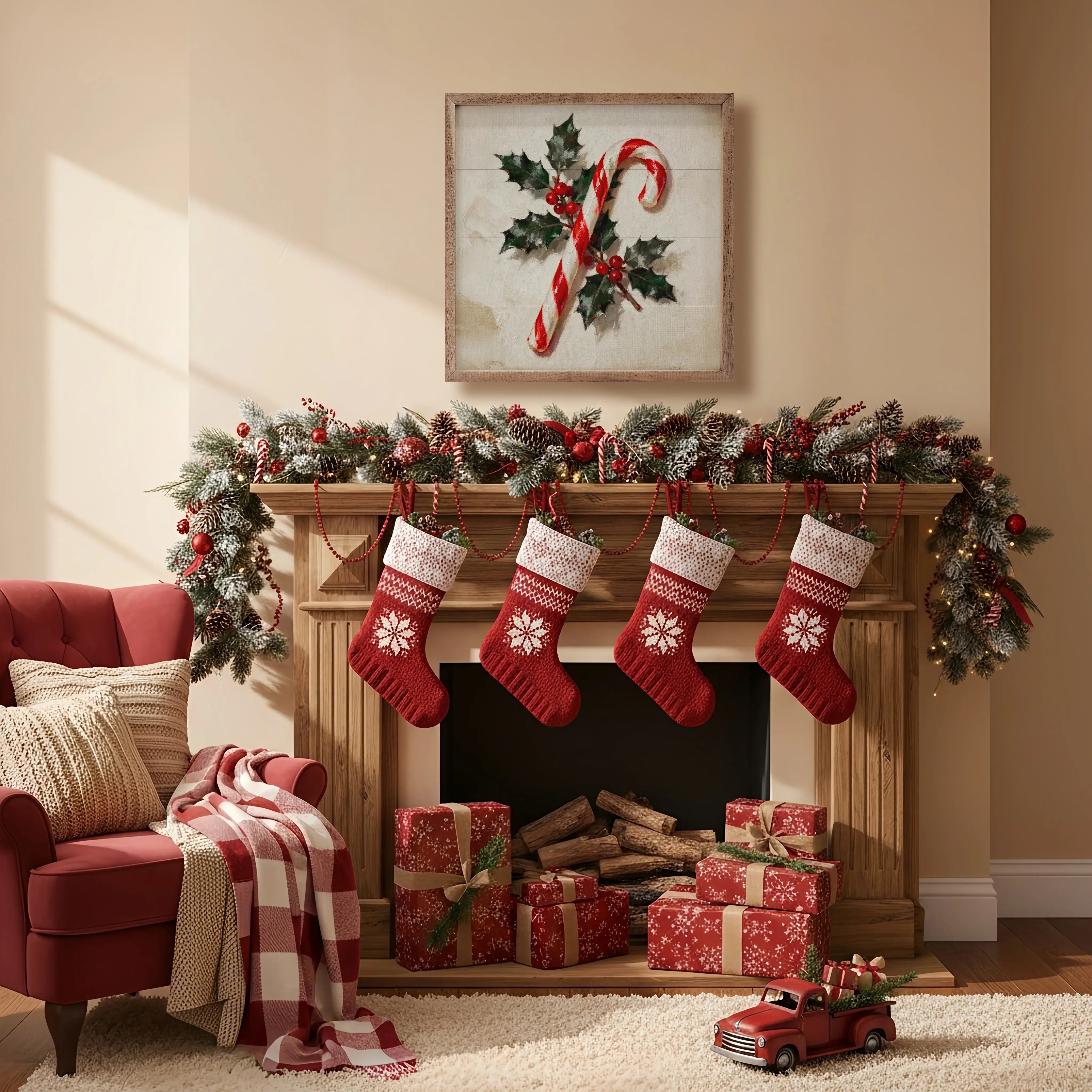 Candy Cane With Holly Wood Framed Print