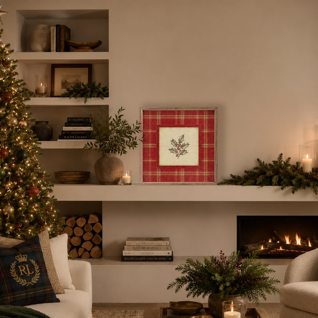 Cranberry Plaid Holly Wood Framed Print