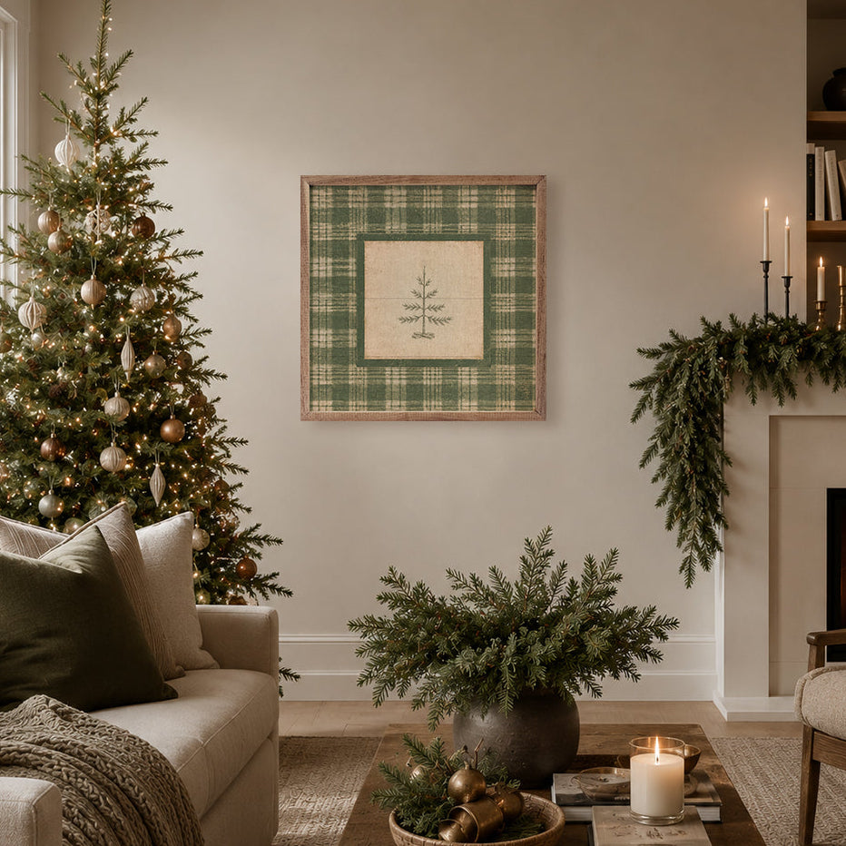 Evergreen Plaid Tree Wood Framed Print