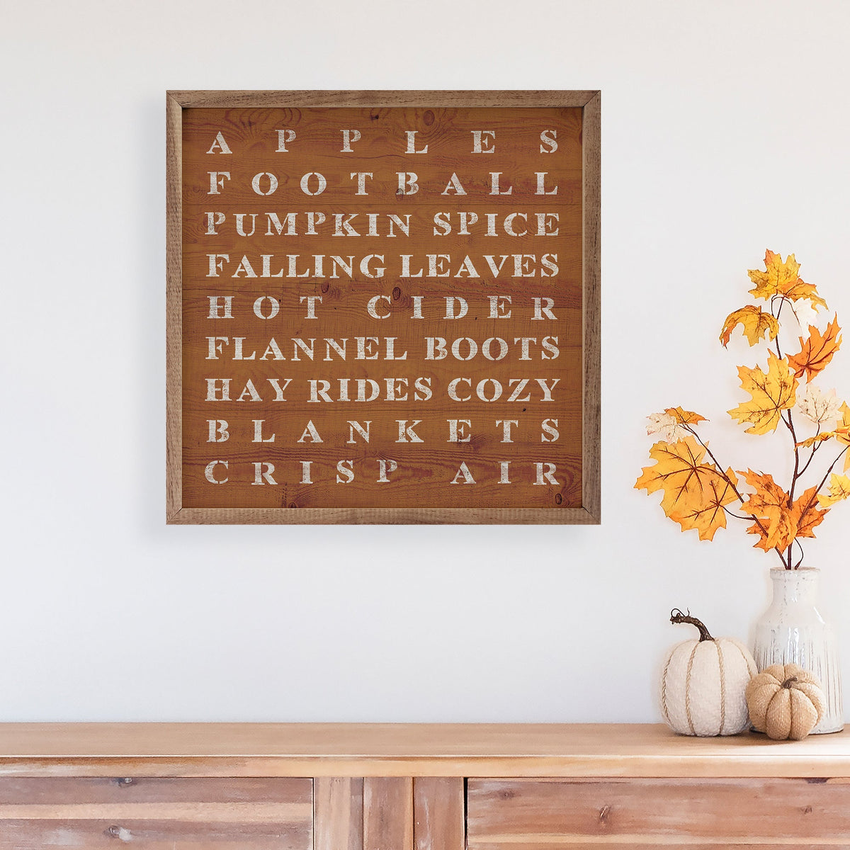 Fall Words Orange Wood Framed Print