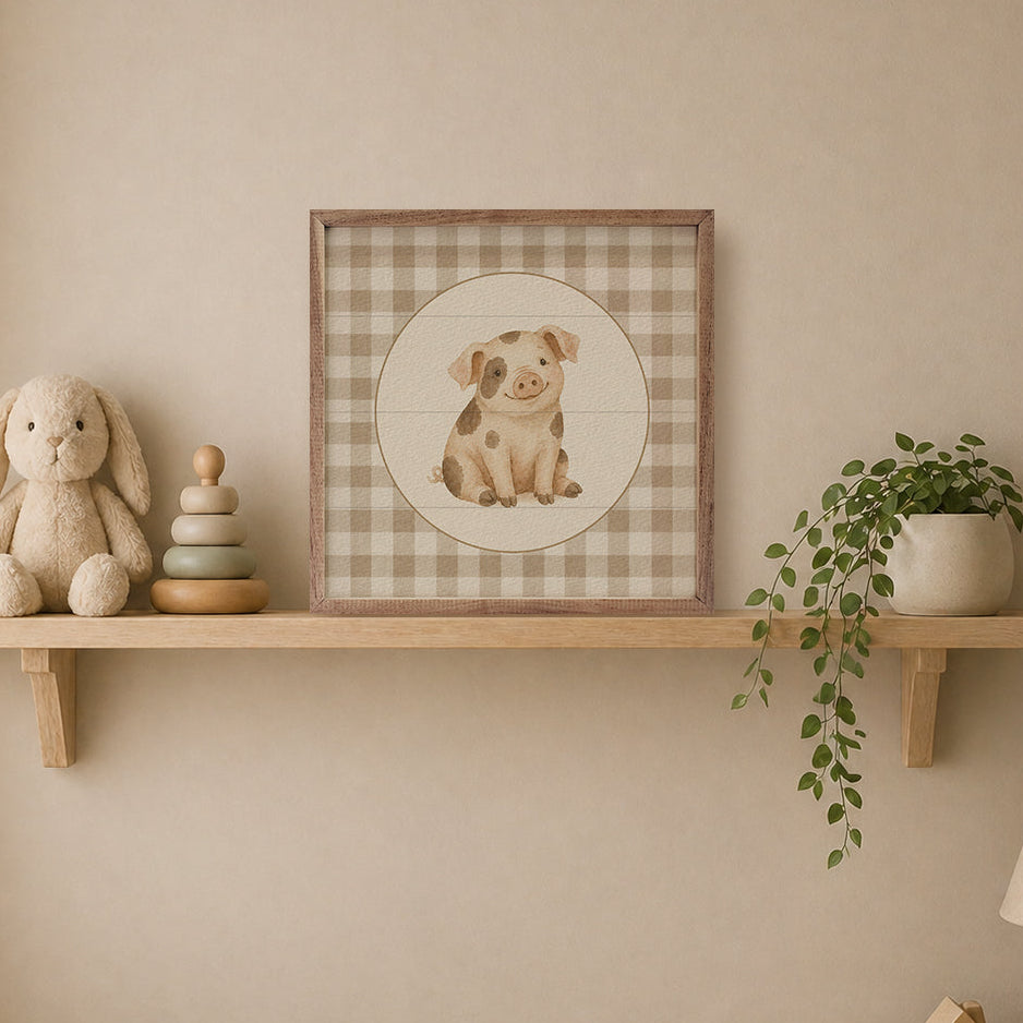 Farm Charm Check Pig Wood Framed Print
