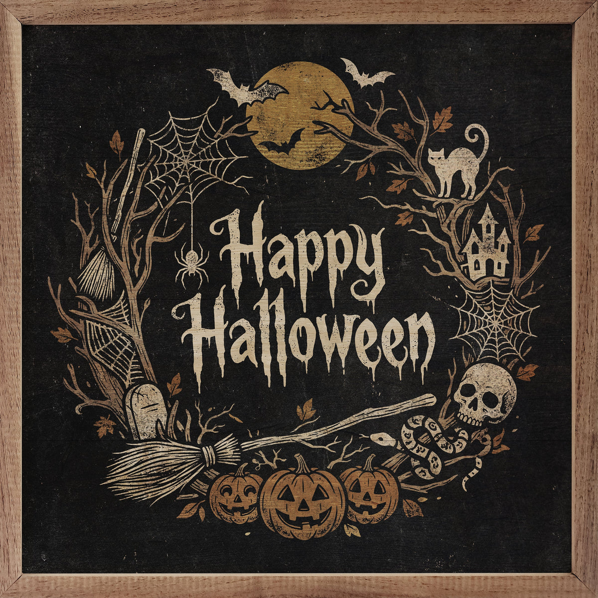 Happy Halloween Wreath Wood Framed Print