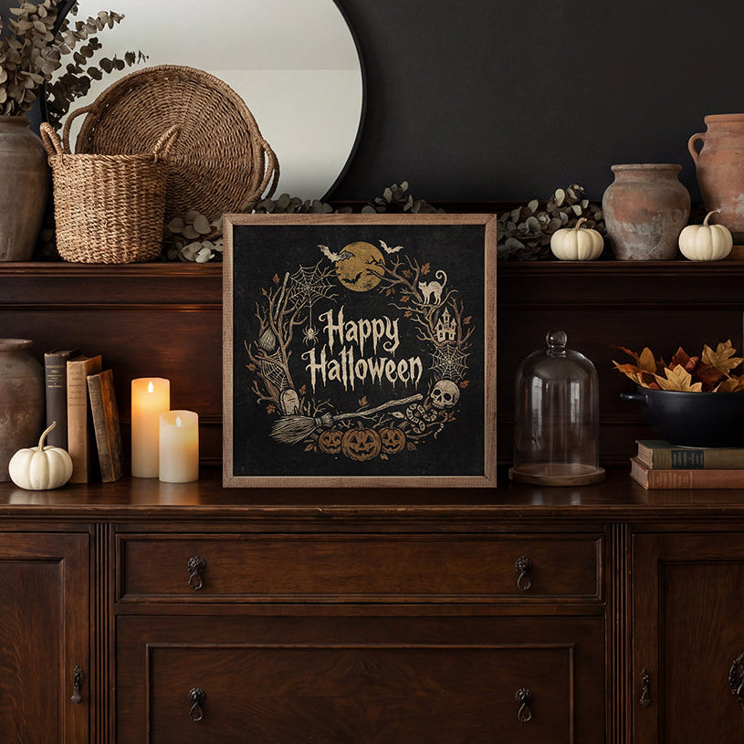Happy Halloween Wreath Wood Framed Print