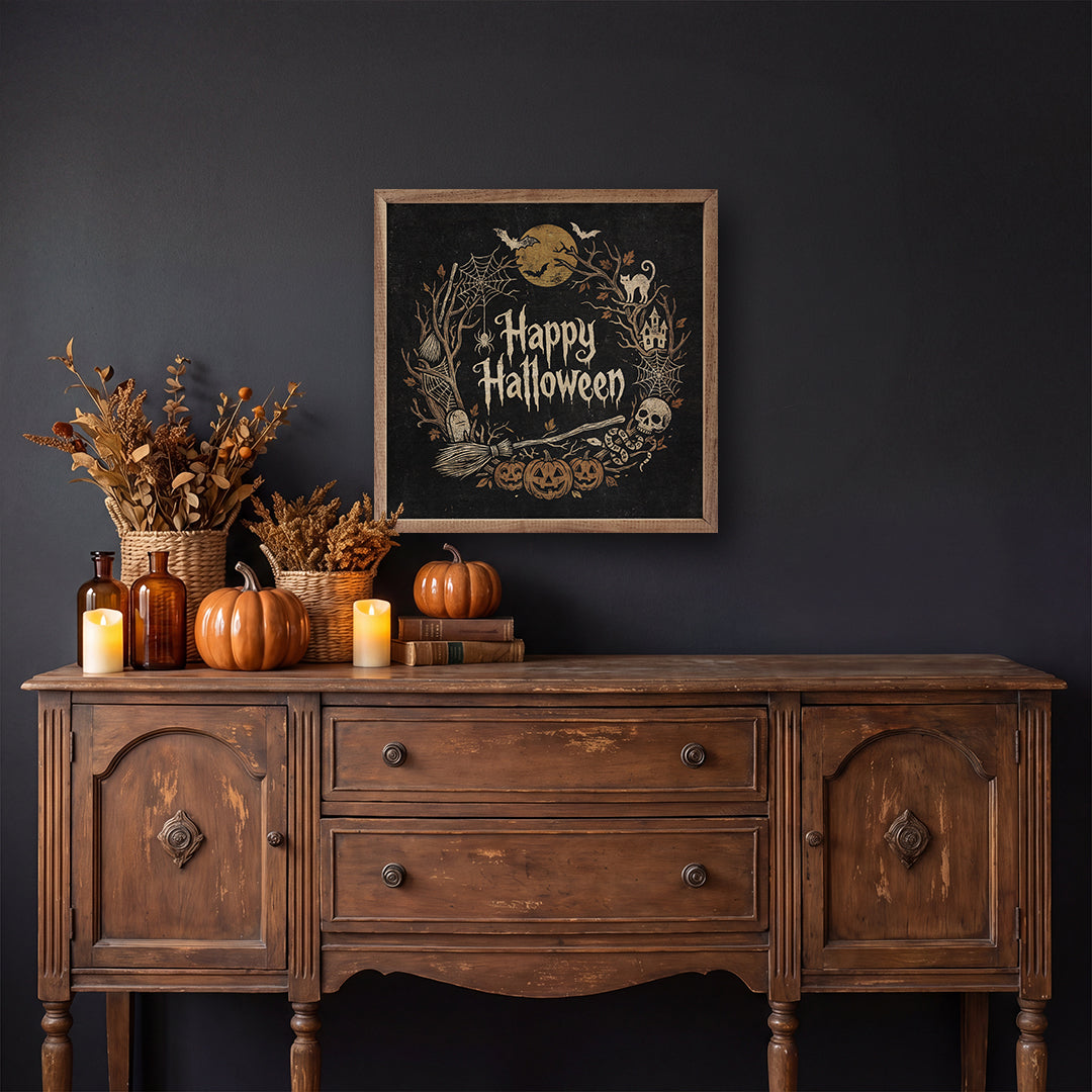 Happy Halloween Wreath Wood Framed Print