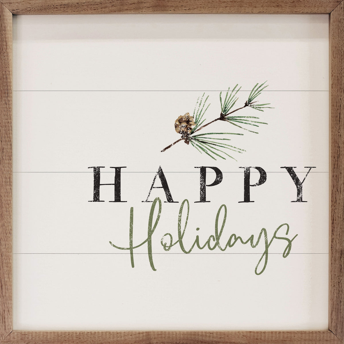 Happy Holidays Pine Branch Wood Framed Print