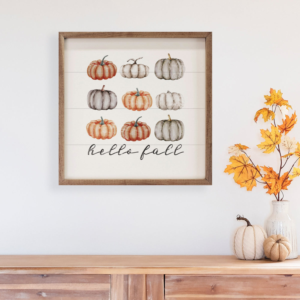 Hello Fall Orange And Gray Pumpkins Wood Framed Print