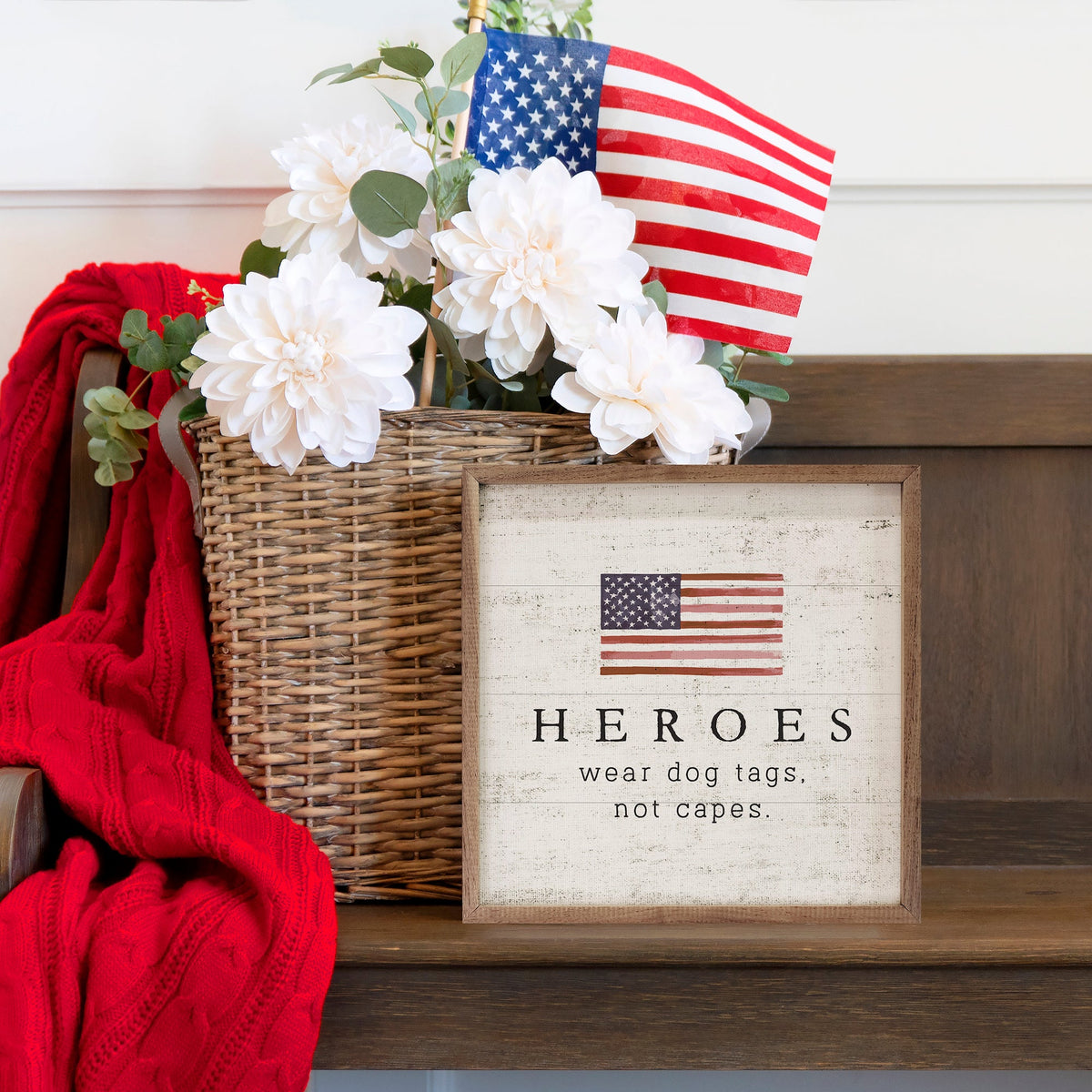 Heroes Flag Whitewash Wood Framed Print