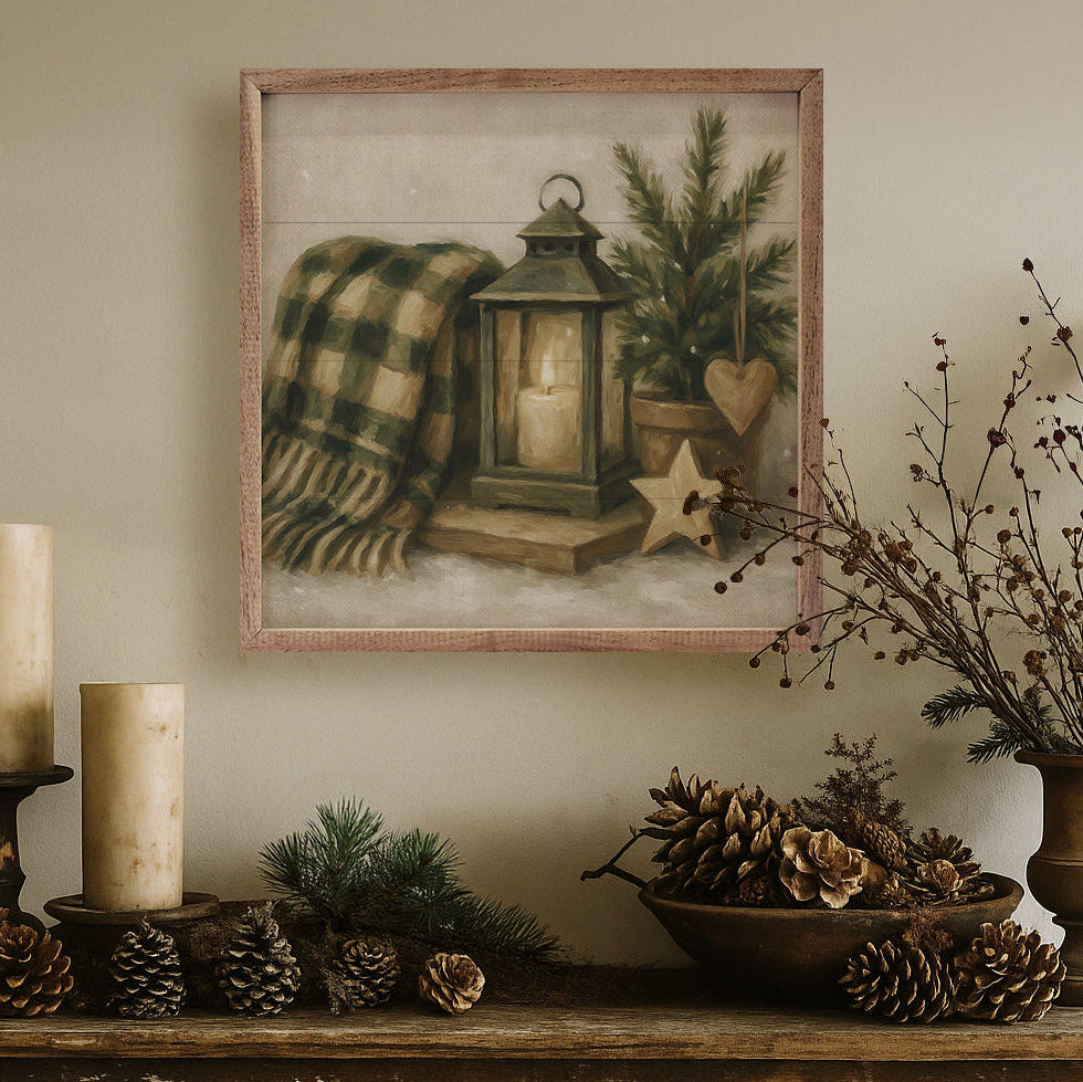 Holiday Plaid Lantern Wood Framed Print