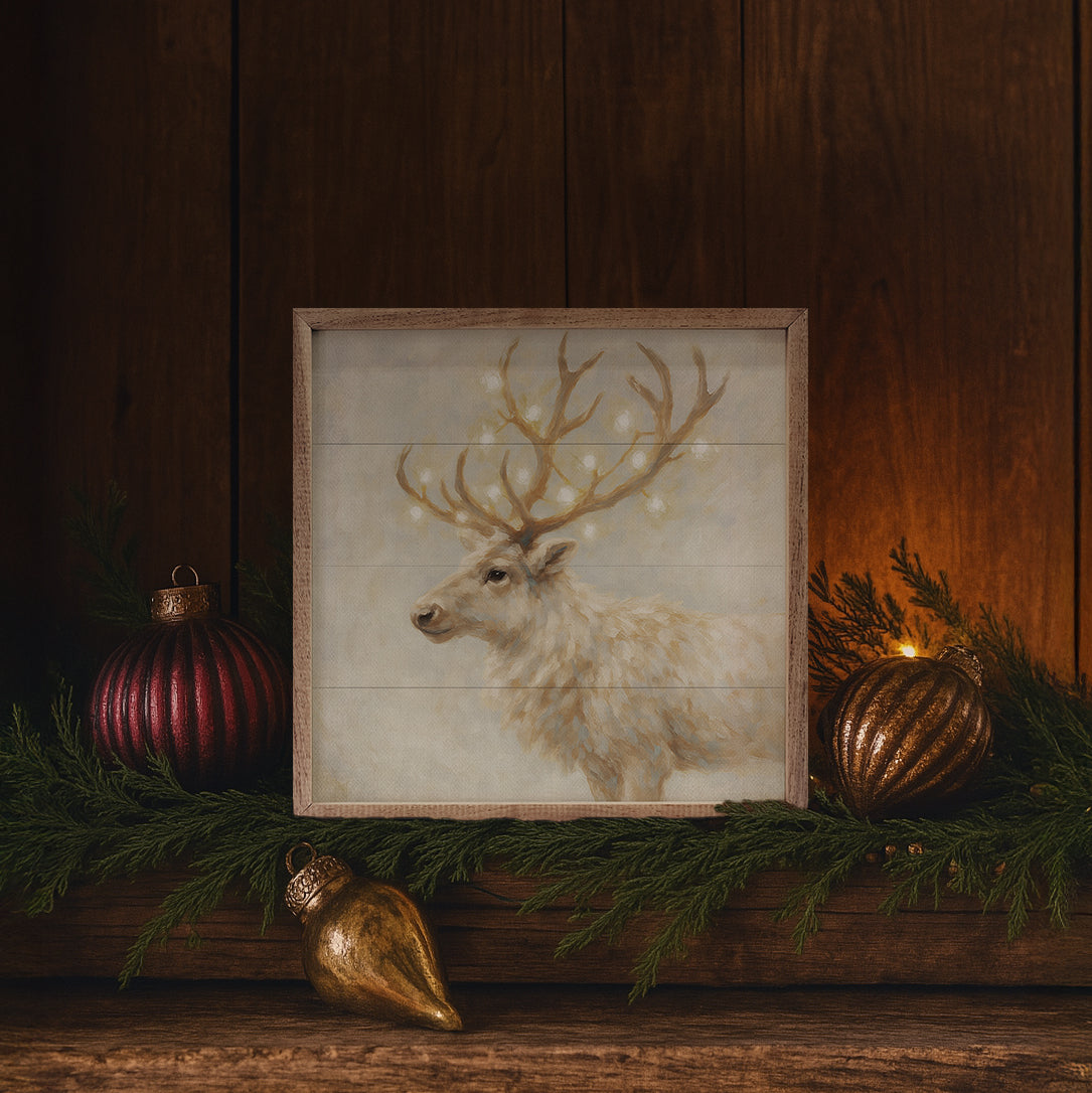Holiday White Reindeer Wood Framed Print