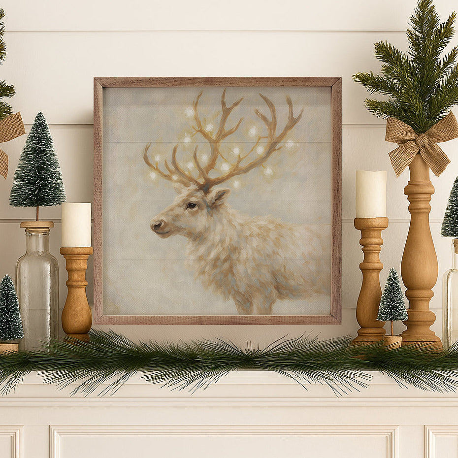 Holiday White Reindeer Wood Framed Print