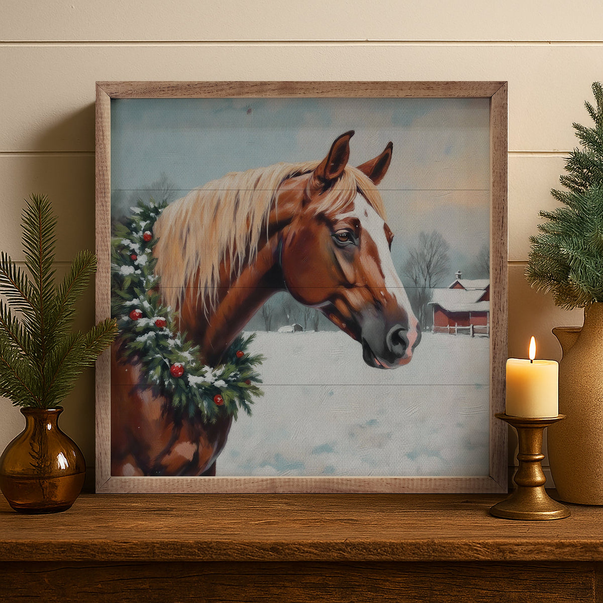 Horse With Wreath Wood Framed Print