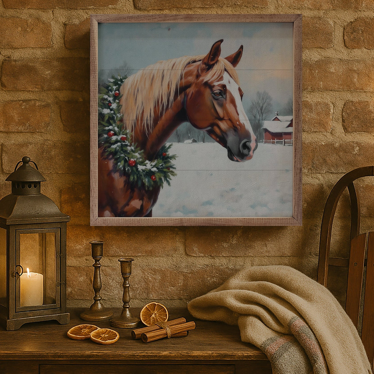 Horse With Wreath Wood Framed Print