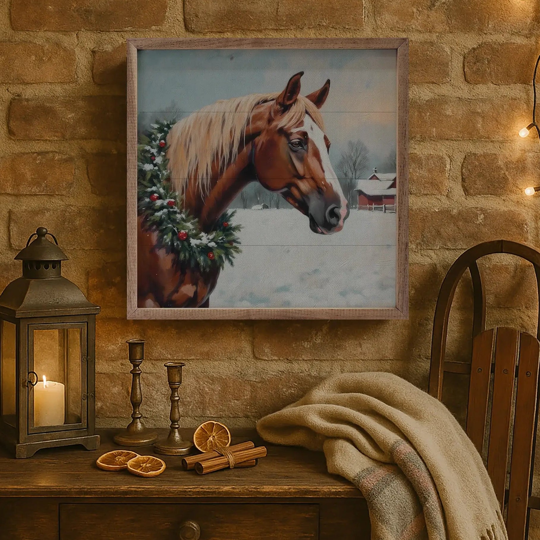 Horse With Wreath Wood Framed Print