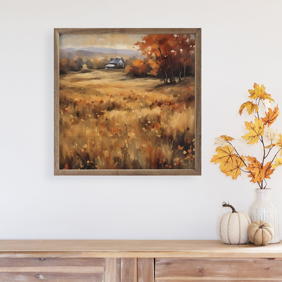 House Amongst The Autumn Field Wood Framed Print