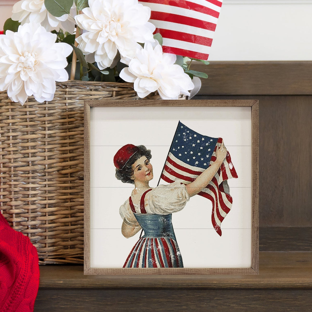 Independence Girl With Flag Wood Framed Print
