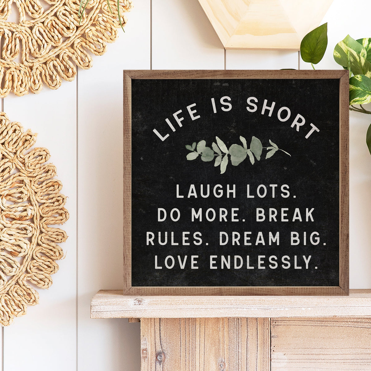 Life is Short Greenery Wood Framed Print