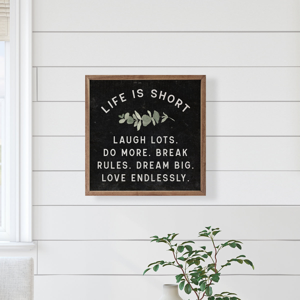 Life is Short Greenery Wood Framed Print