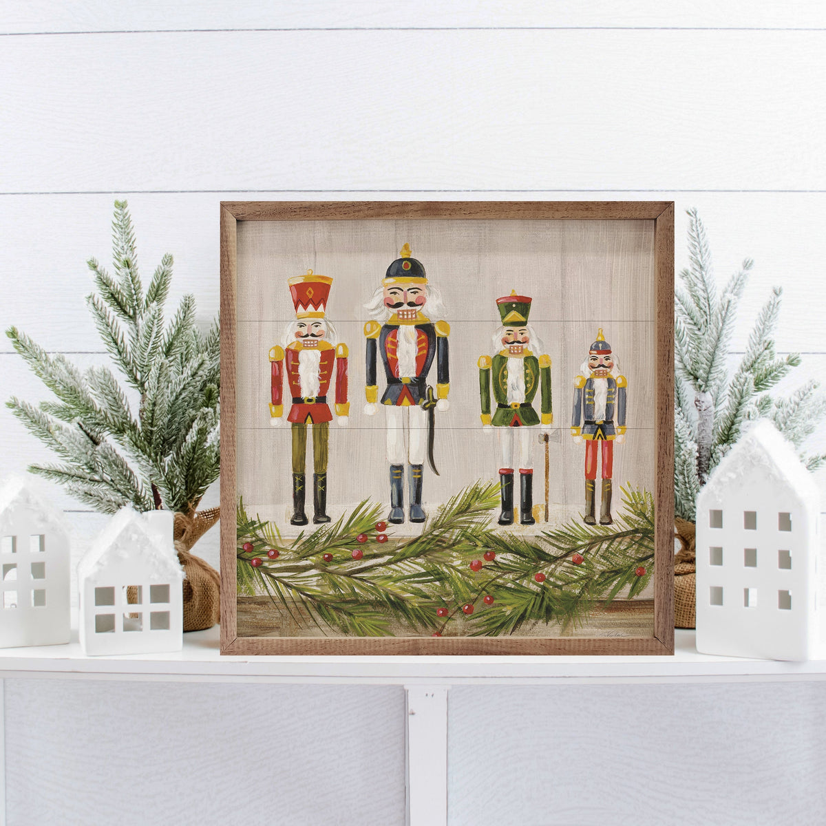 Nutcrackers On A Mantel Wood Framed Print