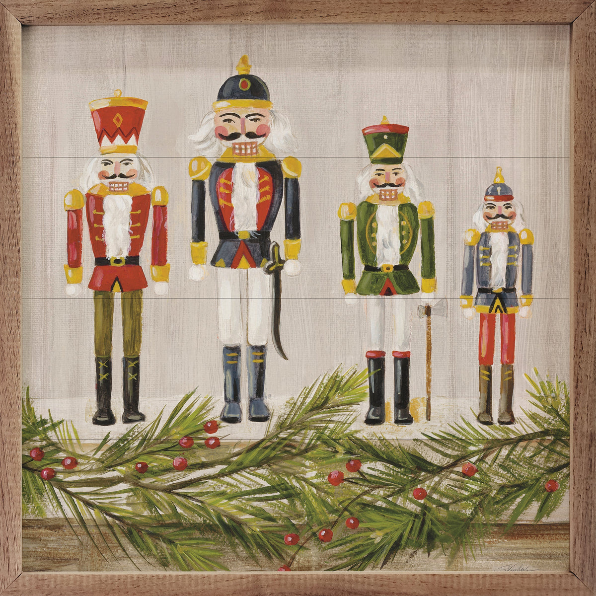 Nutcrackers On A Mantel Wood Framed Print