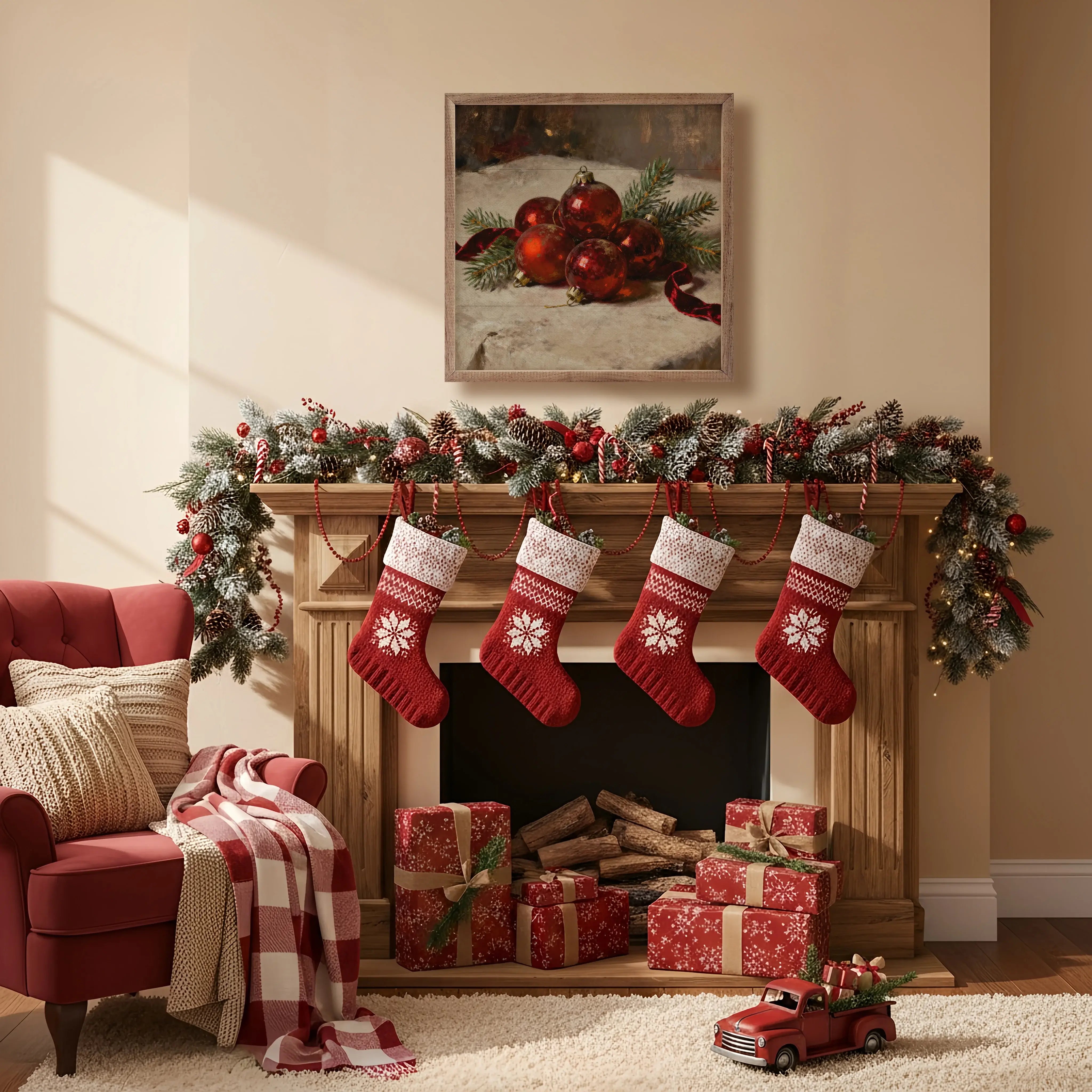 Red Ornaments On Display Wood Framed Print