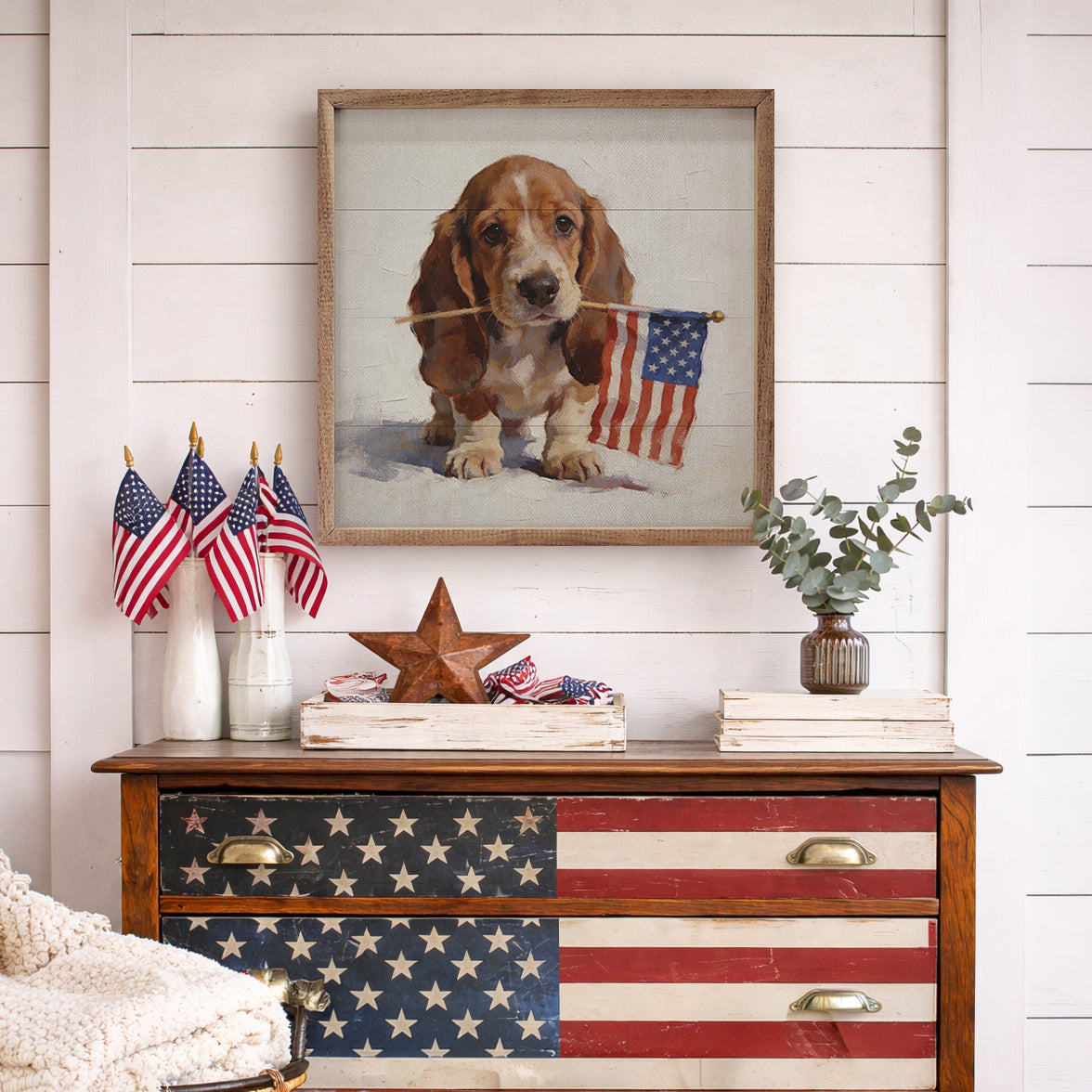 Patriotic Pets Basset Hound Wood Framed Print