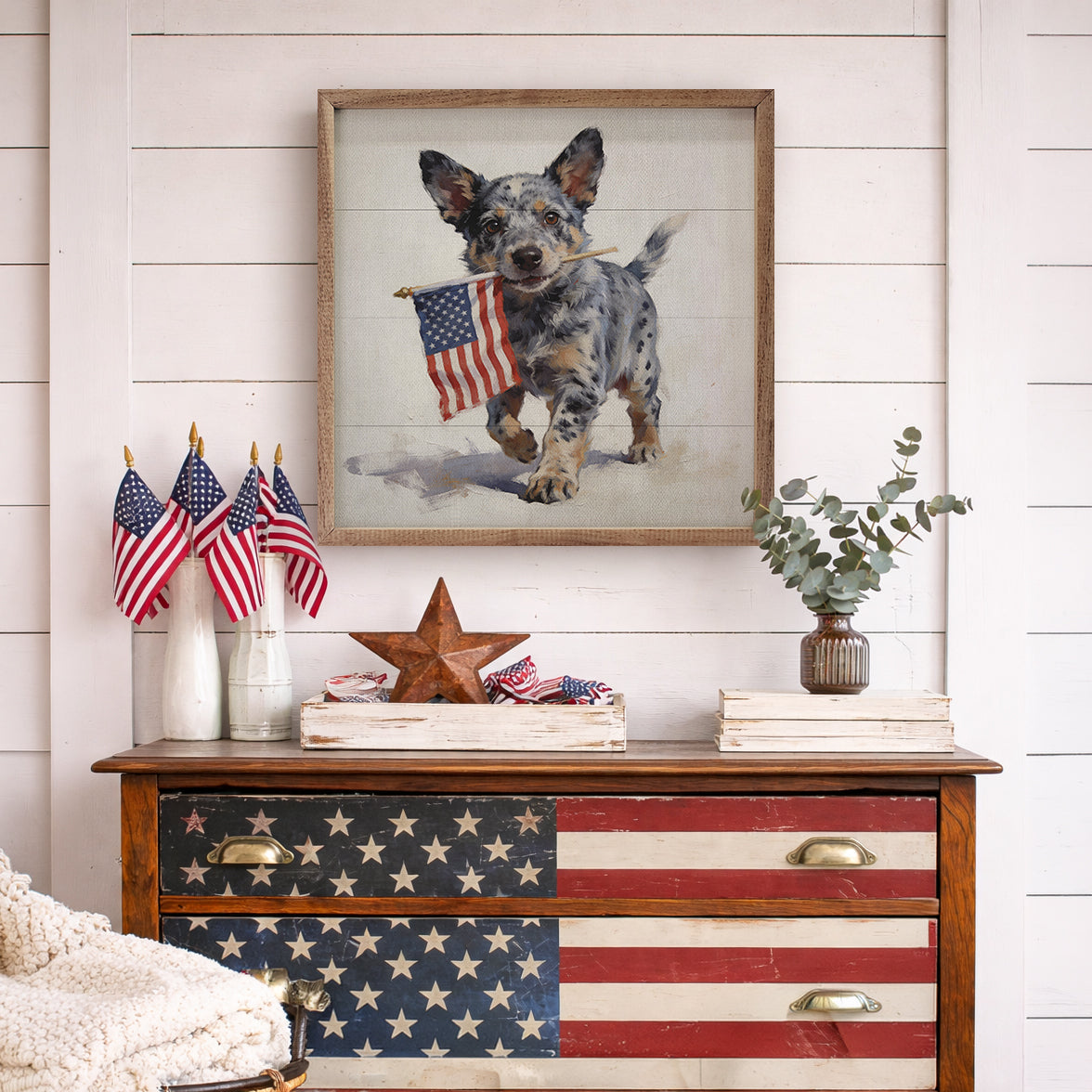 Patriotic Pets Blue Heeler Wood Framed Print
