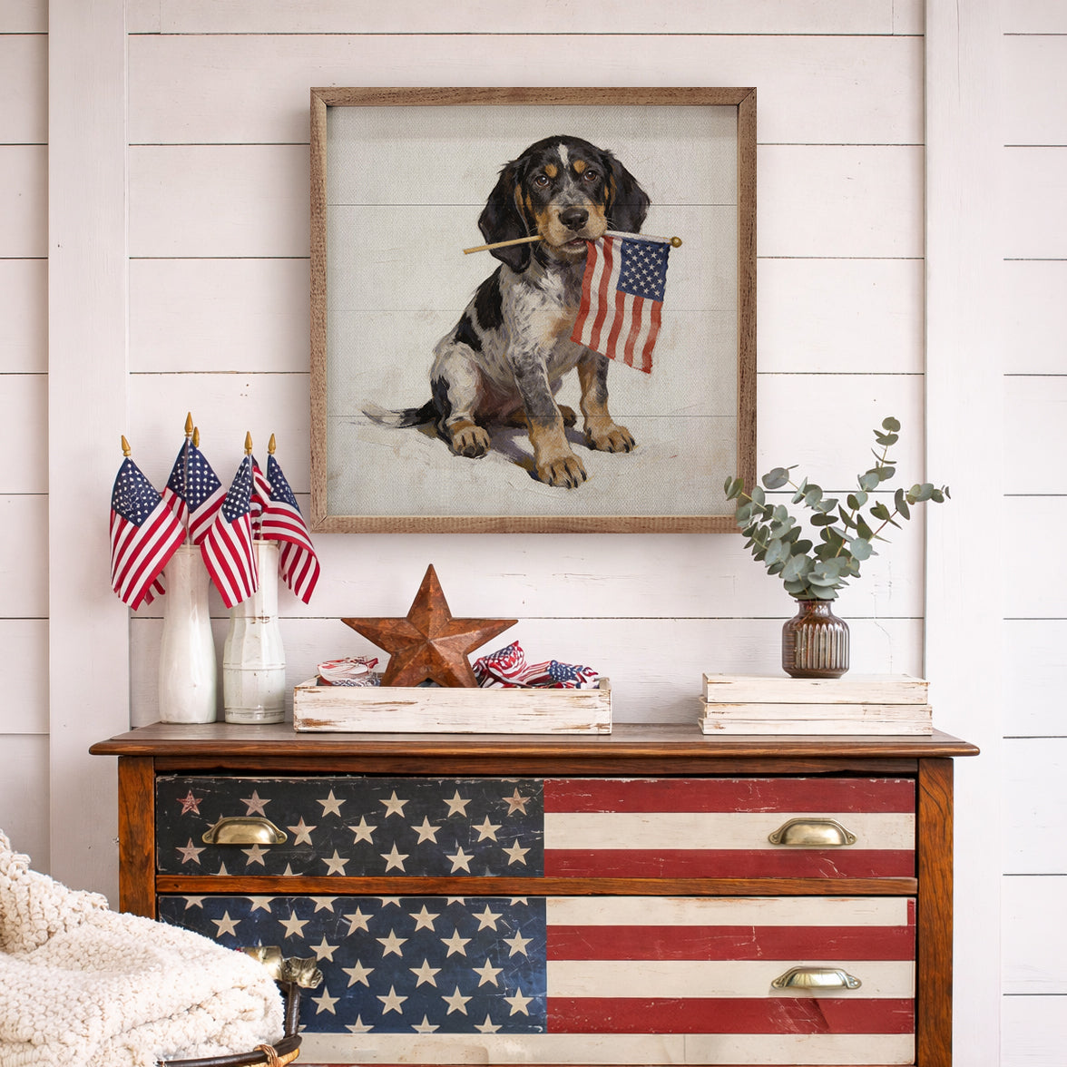 Patriotic Pets Bluetick Coonhound Wood Framed Print